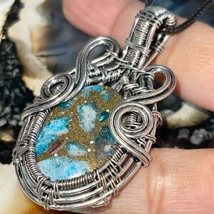 Blue Apatite in Copper Pendant 2 1/4”